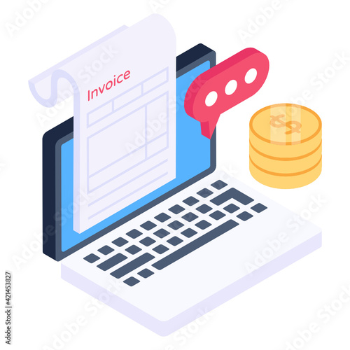 
Receipt and coins with laptop denoting isometric icon of online invoice payment 


