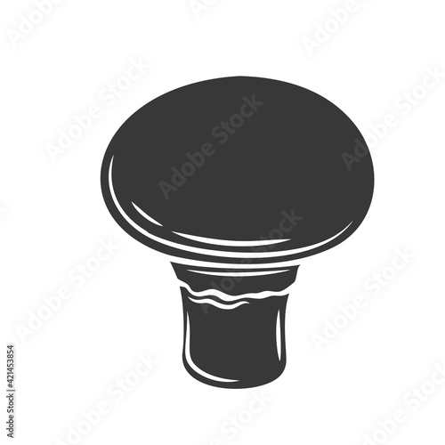 Glyph champignon mushroom glyph icon, cut monochrome badge. Vector illustration of champignon for retro vintage style menu design, flyer, wrapping.