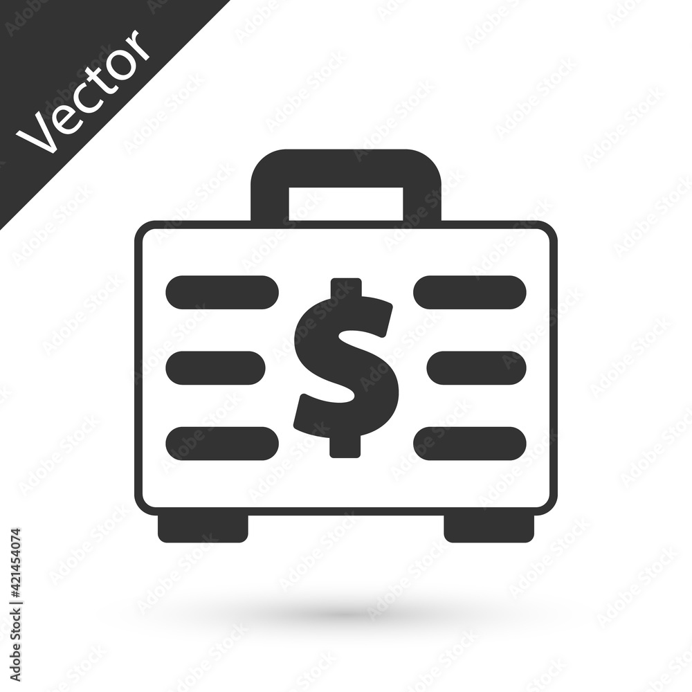 Grey Briefcase and money icon isolated on white background. Business case sign. Business portfolio. Vector Grey Briefcase and money icon isolated on white background. Business case sign. Business portfolio. Vector