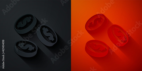 Paper cut Coin money with dollar symbol icon isolated on black and red background. Banking currency sign. Cash symbol. Paper art style. Vector
