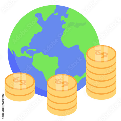 
Coins with globe denoting isometric icon of global investment 

