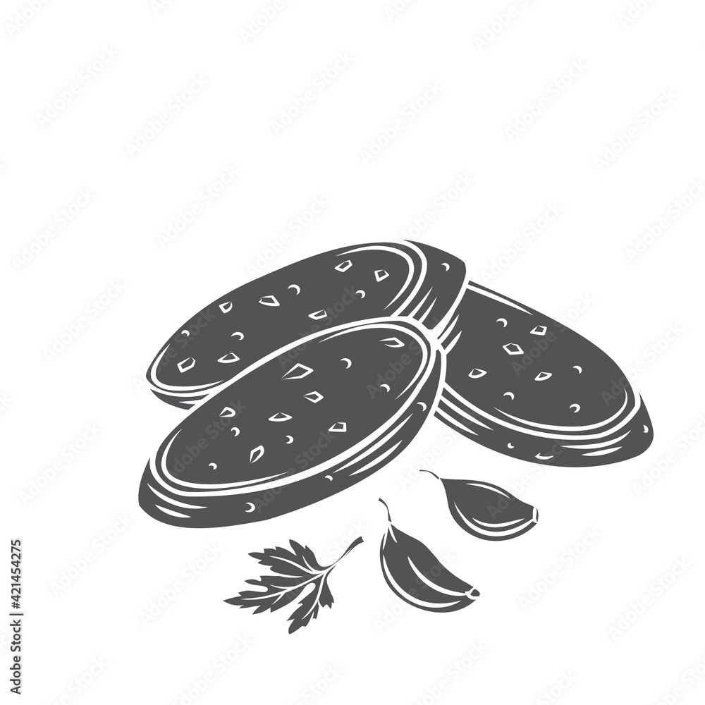 Crunchy garlic bread with garlic cloves and parsley glyph cut vector monochrome illustration of fried french baguette. Crunchy garlic bread with garlic cloves and parsley glyph cut vector monochrome illustration of fried french baguette.