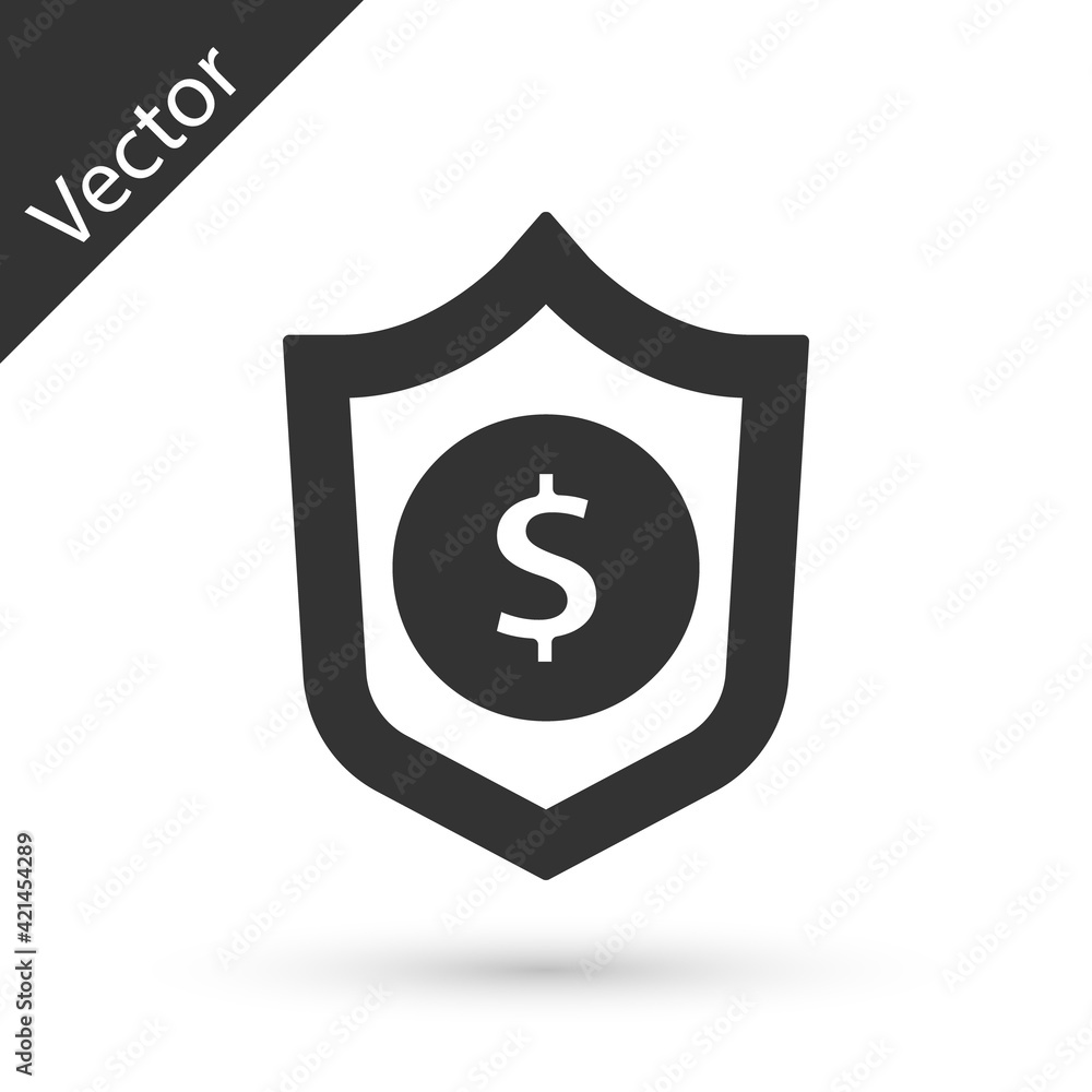 Grey Shield with dollar symbol icon isolated on white background. Security shield protection. Money security concept. Vector Grey Shield with dollar symbol icon isolated on white background. Security shield protection. Money security concept. Vector