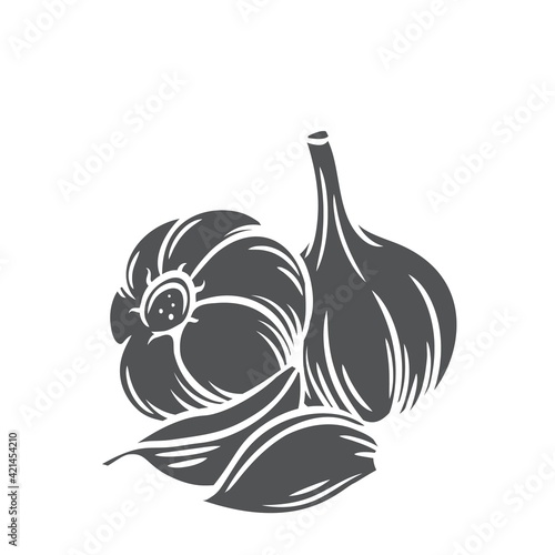 Garlic glyph icon, vector cut monochrome badge. Farm market product, isolated vegetable, hand drawn bunch of garlic