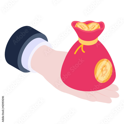
Hand with money bag denoting isometric icon of bitcoin investment 

