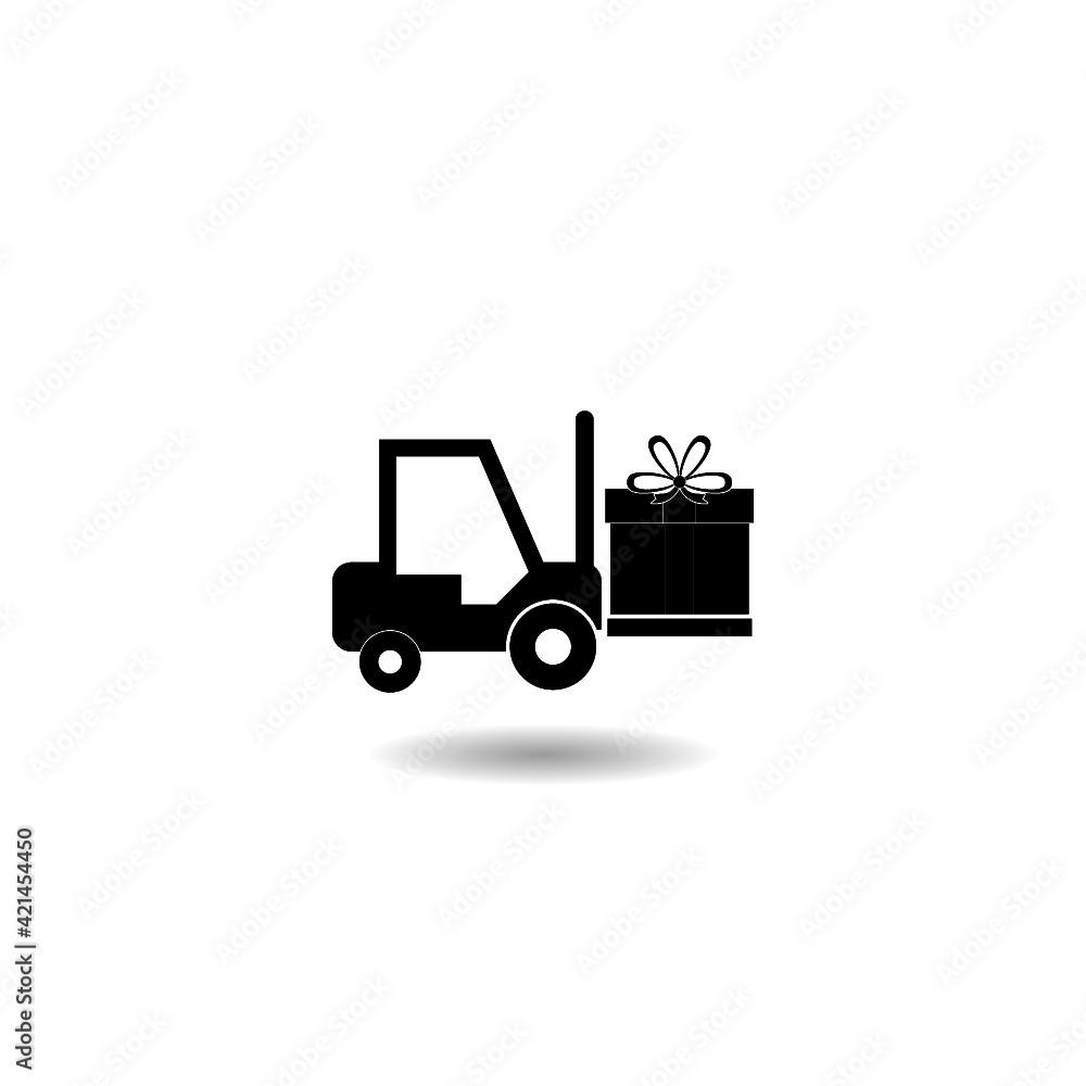 Forklift with big gift box icon with shadow Forklift with big gift box icon with shadow