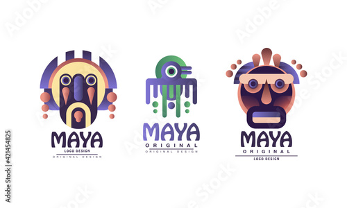 Maya Logo Original Design with Ethnic Mask Vector Set