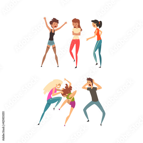 Outraged Man and Woman Characters Fighting and Quarrelling Swearing and Flapping Arms Vector Set