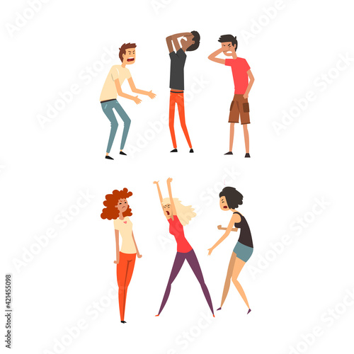 Outraged Man and Woman Characters Fighting and Quarrelling Swearing and Flapping Arms Vector Set