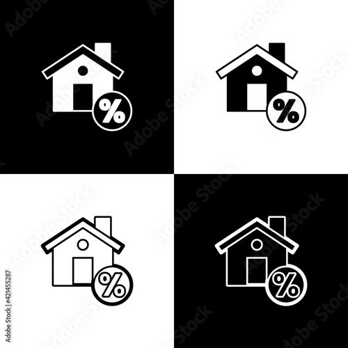 Set House with percant discount tag icon isolated on black and white background. Real estate home. Credit percentage symbol. Vector © vector_v