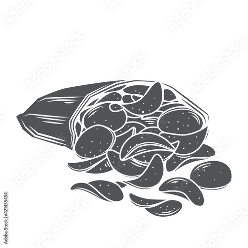 A bunch of potato chips spilled out of the package, glyph icon, vector cut monochrome badge. Crispy snack, potato in the form of crispy plates fried in vegetable oil. Pile of snack chips close-up.