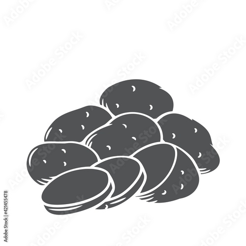 Bunch of potatoes. Raw potato whole root crops and sliced pieces, glyph icon, vector cut monochrome badge.