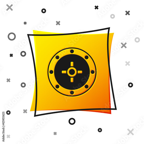 Black Safe icon isolated on white background. The door safe a bank vault with a combination lock. Reliable Data Protection. Yellow square button. Vector