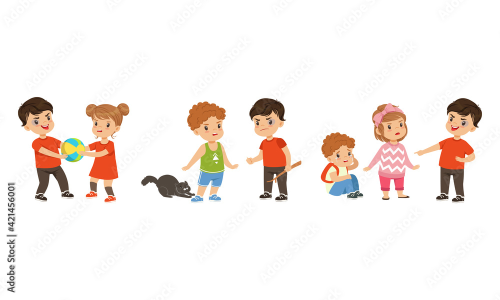 Brave Little Boy and Girl Standing Up Against Bullying and Warring Behavior Vector Set Brave Little Boy and Girl Standing Up Against Bullying and Warring Behavior Vector Set