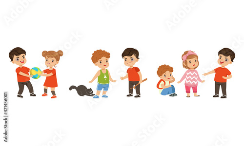 Brave Little Boy and Girl Standing Up Against Bullying and Warring Behavior Vector Set