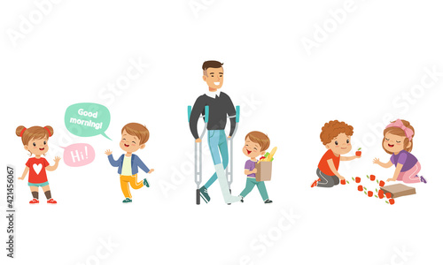 Polite Boy Carrying Shopping Bag Helping Disabled Man and Greeting Vector Illustration Set