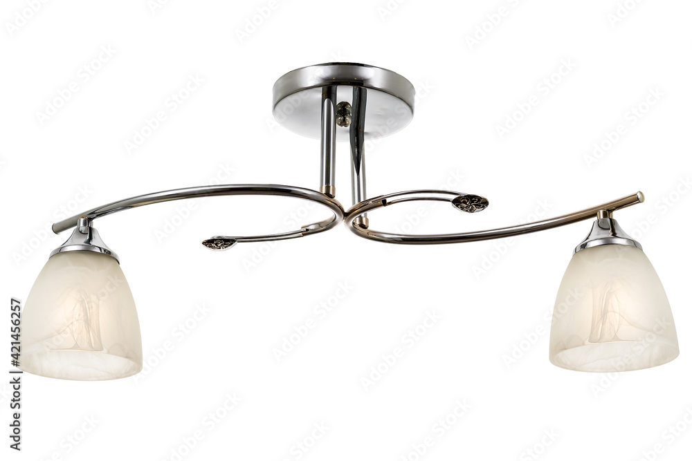 Chrome plated double lamp ceiling lamp with matt white shades. Isolated on white background