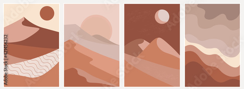 A set of modern abstract illustrations, landscapes. Mountains, dunes, desert, sun, moon in a minimalist style for posters, prints, wallpapers, textiles, invitations. Vector graphics.