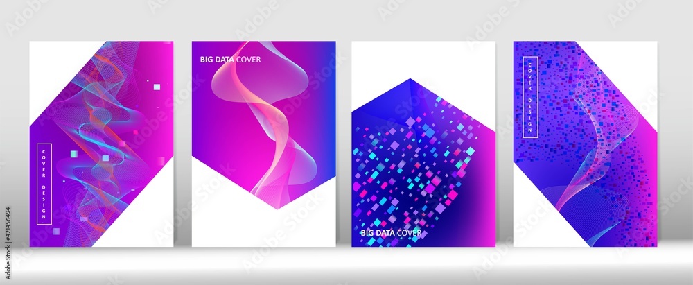 Music Covers Set. Big Data Neon Tech Wallpaper. 3D Flow Shapes Minimal Cover Design.