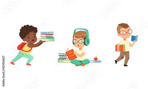 Cute Little Kids with Pile of Books Studying and Learning Gaining Knowledge Vector Set