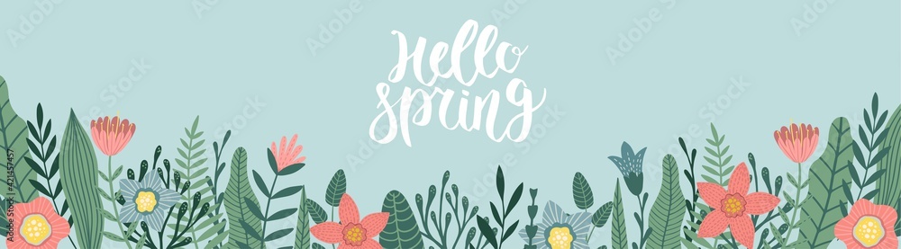 Vector spring banner with copy space for text. Flower designs in flat style. - obrazy, fototapety, plakaty 