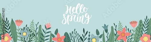 Vector spring banner with copy space for text. Flower designs in flat style.