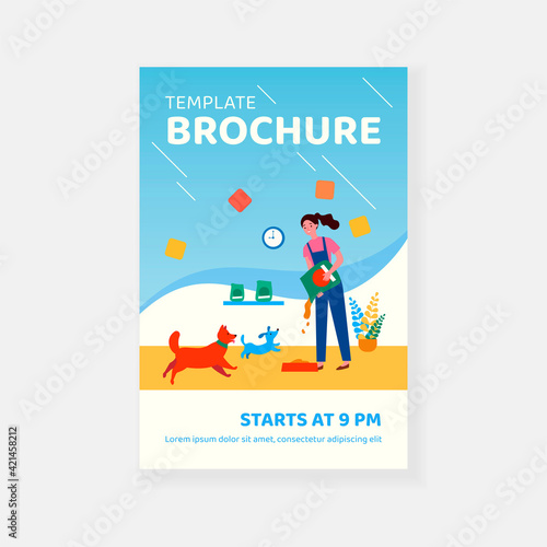 Woman feeding pets. Volunteer scattering dog food into bowl. Flat vector illustration. Domestic animals care, shelter, dog sitter concept for banner, website design or landing web page