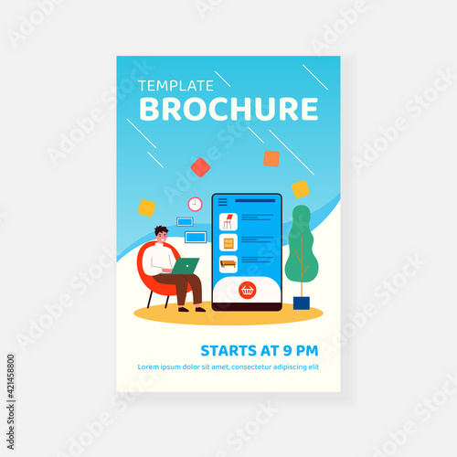 Happy guy choosing furniture in online store. Smartphone, laptop, home flat vector illustration. Vacation and digital technology concept for banner, website design or landing web page