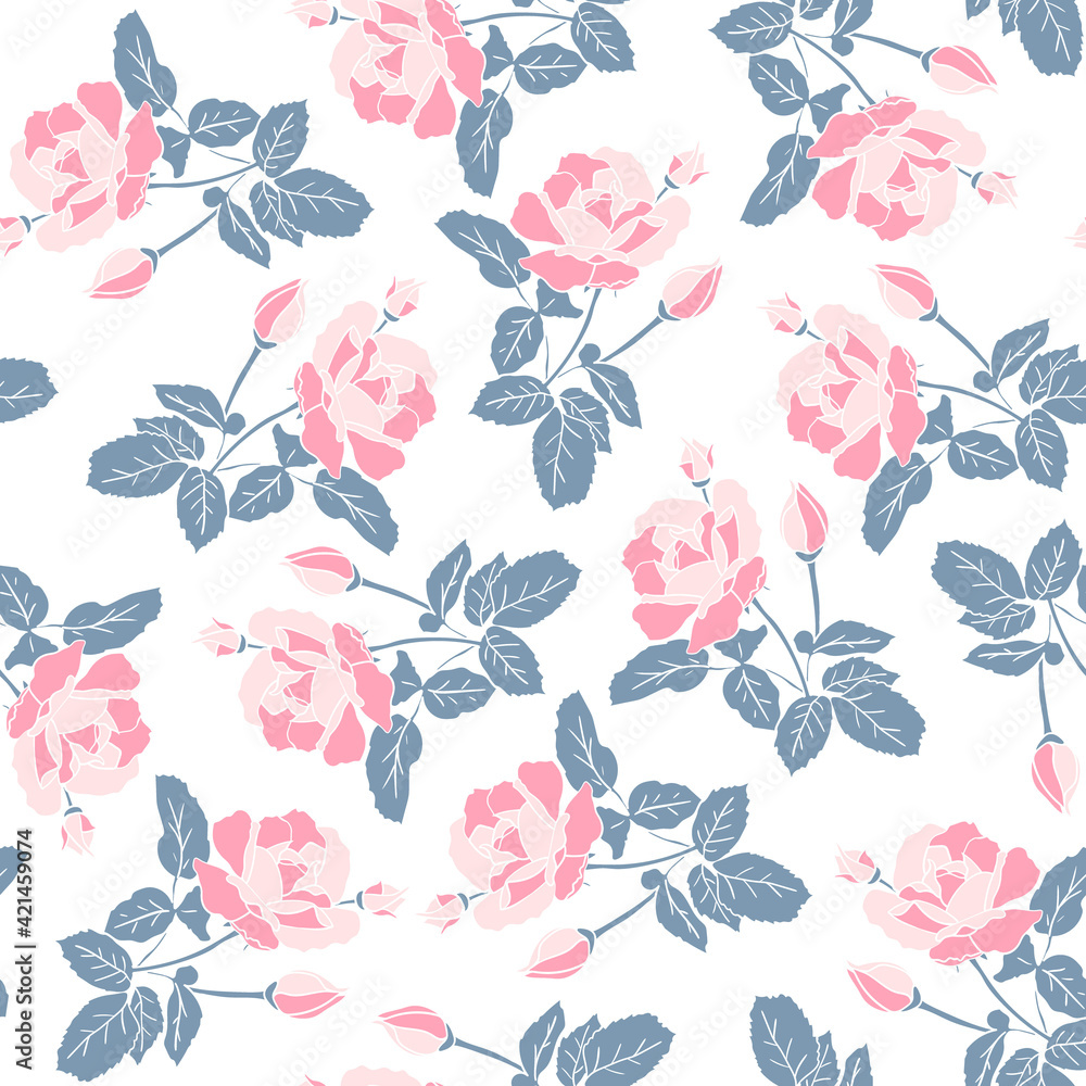 Delicate pink roses seamless pattern. Hand drawn flat silhouettes on white background. Rich floral ornament of lush inflorescence scrapbooking wrapping paper. Stock vector illustration. Delicate pink roses seamless pattern. Hand drawn flat silhouettes on white background. Rich floral ornament of lush inflorescence scrapbooking wrapping paper. Stock vector illustration.