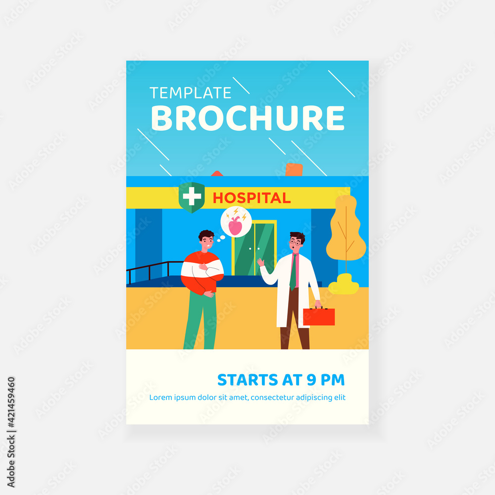 Naklejka premium Anxious patient going to hospital with pain in heart. Doctor, disease, health flat vector illustration. Medicine and cardiology concept for banner, website design or landing web page