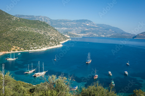 Beautiful scenery of Firnaz bay in Kalkan district  Mediterranean sea coast  Nature of Turkey  Sailing boats on calm turquoise water surrounded by mountains  View from Lycian way hiking trail
