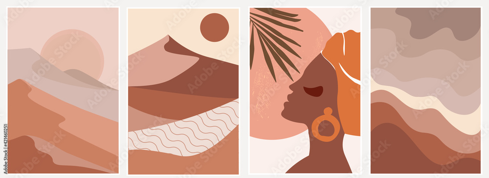 A set of modern abstract illustrations, landscapes. Mountains, dunes, desert, sun in a minimalist style. Portrait of a beautiful ethno-Afro female in a turban with ornaments and palm. Vector graphics.