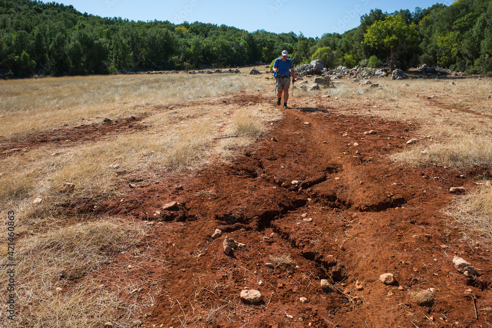 Hiking Lycian way. Man is walking on dry cracked red soil trail on stretch between Saribelen and Gokceoren, Trekking in Turkey, outdoor activity