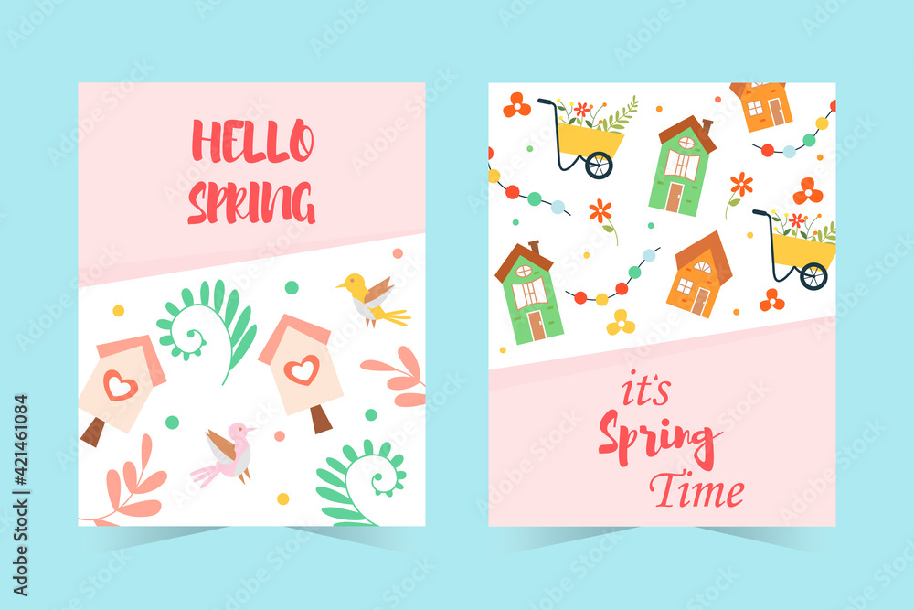 Set of spring banners. Hello spring with lettering, cute houses, birds, birdhouses, flowers and more. Vector hand-drawn illustration.