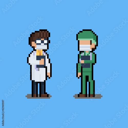 Pixel art set of cartoon doctor character.