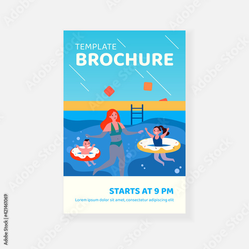 Mom and kids bathing in swimming pool. Water, rubber rings, children, baby. Flat vector illustration. Recreation, family, summer activity concept for banner, website design or landing web page