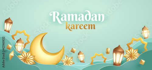 Ramadan Kareem paper graphic of islamic festival design with crescent moon and islamic decorations.