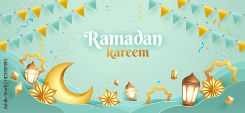 Ramadan Kareem paper graphic of islamic festival design with crescent moon and islamic decorations.
