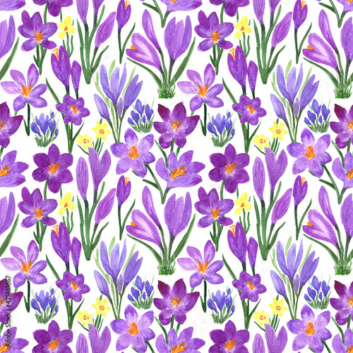 Waterclor colorful seamless pattern of spring flowers. Hand Illustration of primrose for creating fabrics, textile, decoupage, wallpapers, print, gift wrapping paper, invitations, textile.