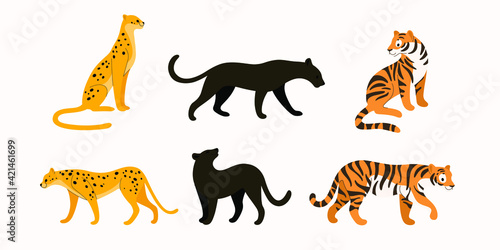 Wild cats icon set. Different type of wild cats. Vector illustration for prints, clothing, packaging, stickers.
