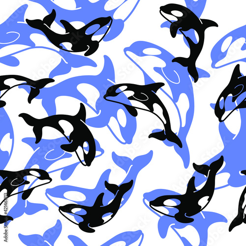 Simple seamless trendy animal pattern with orca. Cartoon vector illustration.