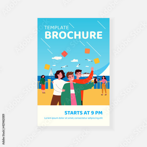 Positive friends taking selfie on seafront. Smartphone, yacht, seagull flat vector illustration. Vacation and digital technology concept for banner, website design or landing web page