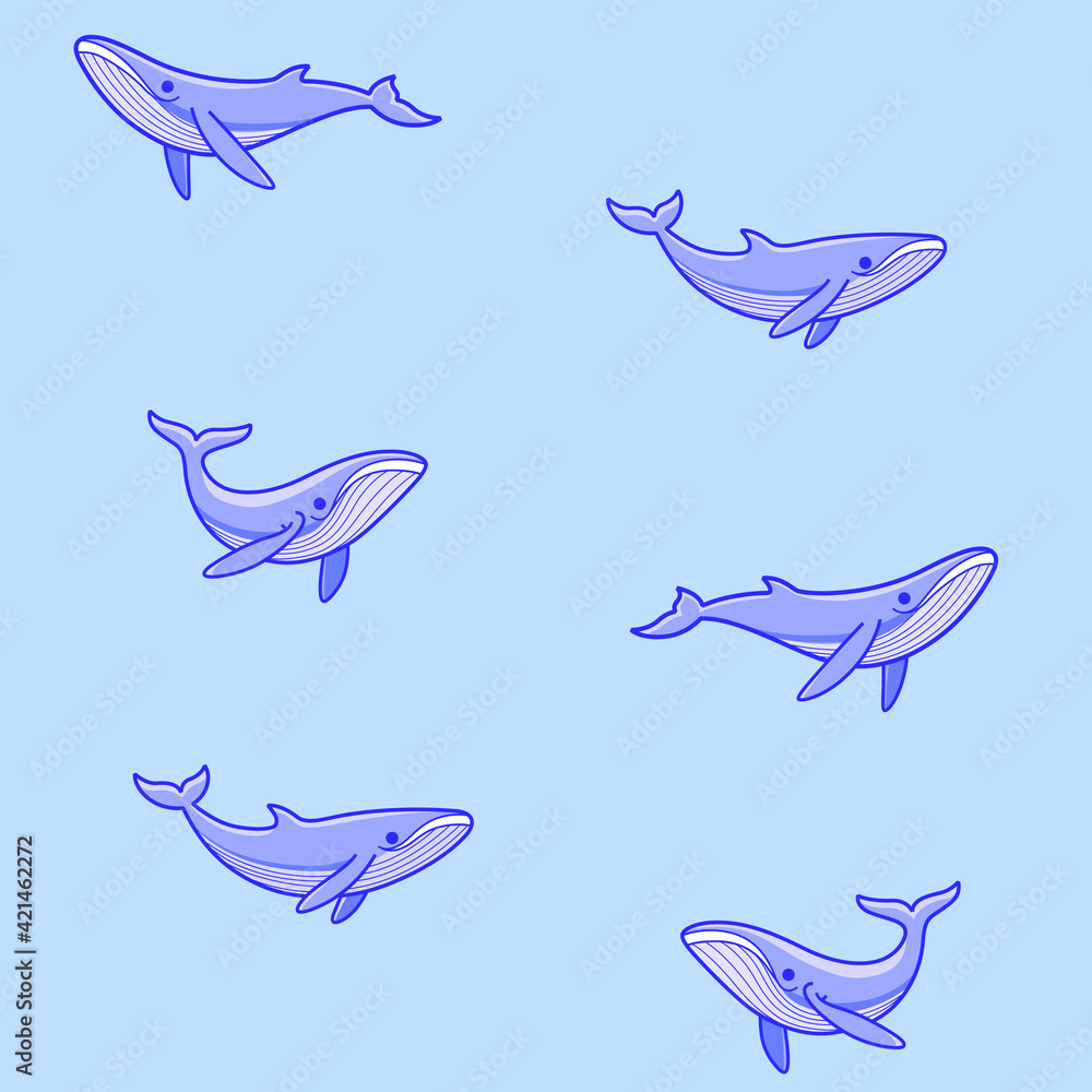 Fototapeta premium Simple seamless trendy animal pattern with whale. Contour vector illustration.