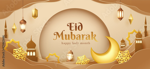 Eid Mubarak paper graphic of islamic festival design with crescent moon and islamic decorations.
