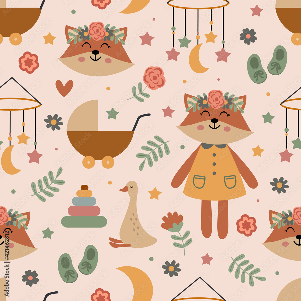 seamless pattern with cute fox and nursery elements seamless pattern with cute fox and nursery elements