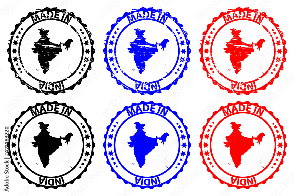 Made in India - rubber stamp - vector, Republic of India map pattern - black, blue and red Made in India - rubber stamp - vector, Republic of India map pattern - black, blue and red