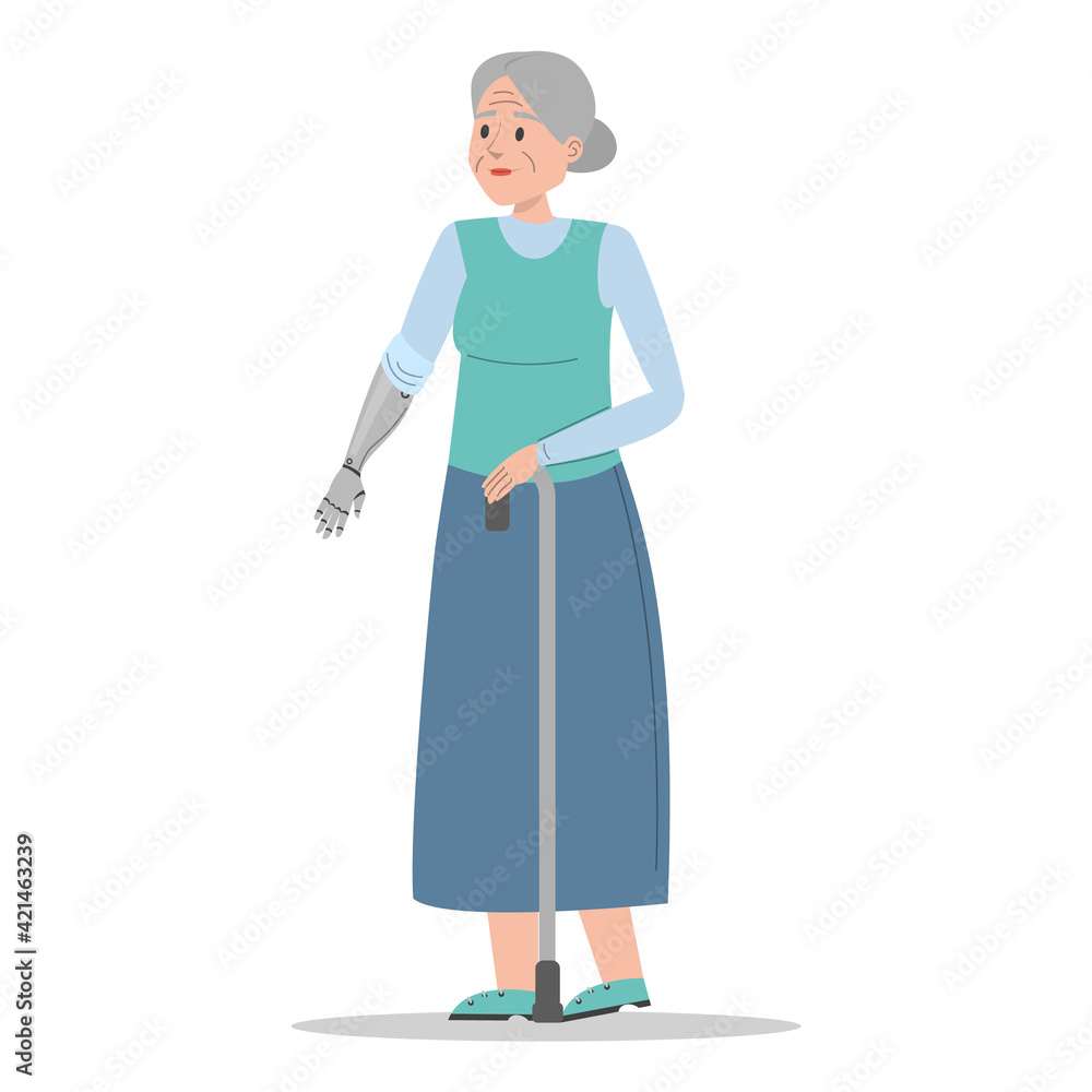 Old disabled woman vector isolated. Senior lady with prosthetic arm, elderly amputee. Grandmother walking with a stick. Handicapped person. Old disabled woman vector isolated. Senior lady with prosthetic arm, elderly amputee. Grandmother walking with a stick. Handicapped person.