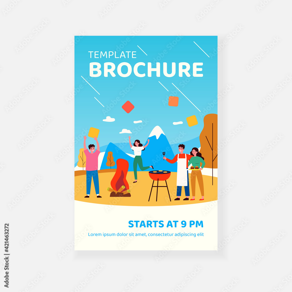 Friends having fun at BBQ party. People grilling meat, dancing at fire outdoors. Flat vector illustration. Camping, adventure travel, picnic concept for banner, website design or landing web page Friends having fun at BBQ party. People grilling meat, dancing at fire outdoors. Flat vector illustration. Camping, adventure travel, picnic concept for banner, website design or landing web page