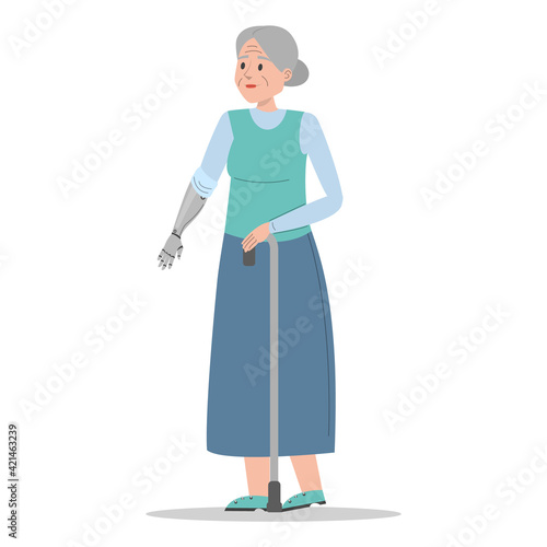 Old disabled woman vector isolated. Senior lady with prosthetic arm, elderly amputee. Grandmother walking with a stick. Handicapped person.
