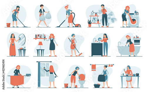 Housework set vector isolated. Collection of women doing house work. Vacuum cleaning, clothes ironing, cooking, wiping dust. Female characters cleaning window and mirror.